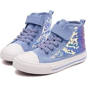 New Toandon Little Girls Size 12 Blue Sequin Lace Up Hook Loop High Top Sneakers